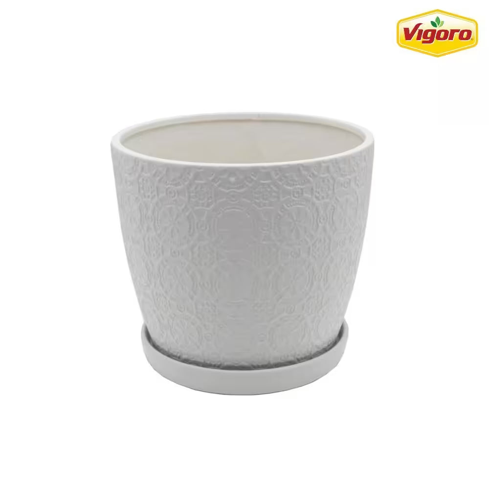 5.5 In. Chrysanthemum Small White Textured Ceramic Pot (5.5 In. D X 4.8 In. H) with Attached Saucer