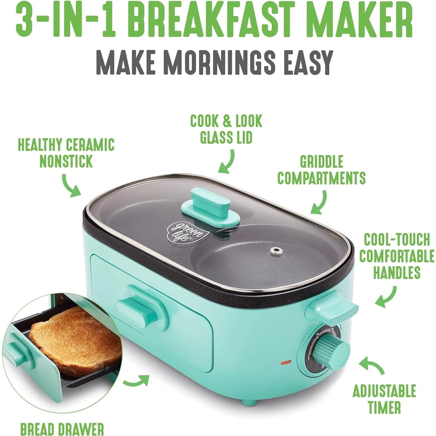 3-In-1 Breakfast Maker Station, Ceramic Nonstick Dual Griddles & Breakfast Sandwiches, 2 Slice Toast Drawer, Turquoise