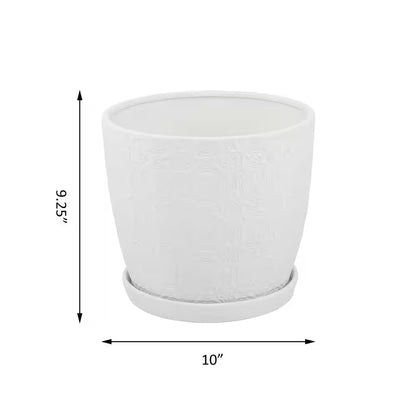 5.5 In. Chrysanthemum Small White Textured Ceramic Pot (5.5 In. D X 4.8 In. H) with Attached Saucer